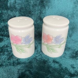 Vintage Crazy Kitchens Porcelain Salt & Pepper Shaker Set Pink & Blue Flowers